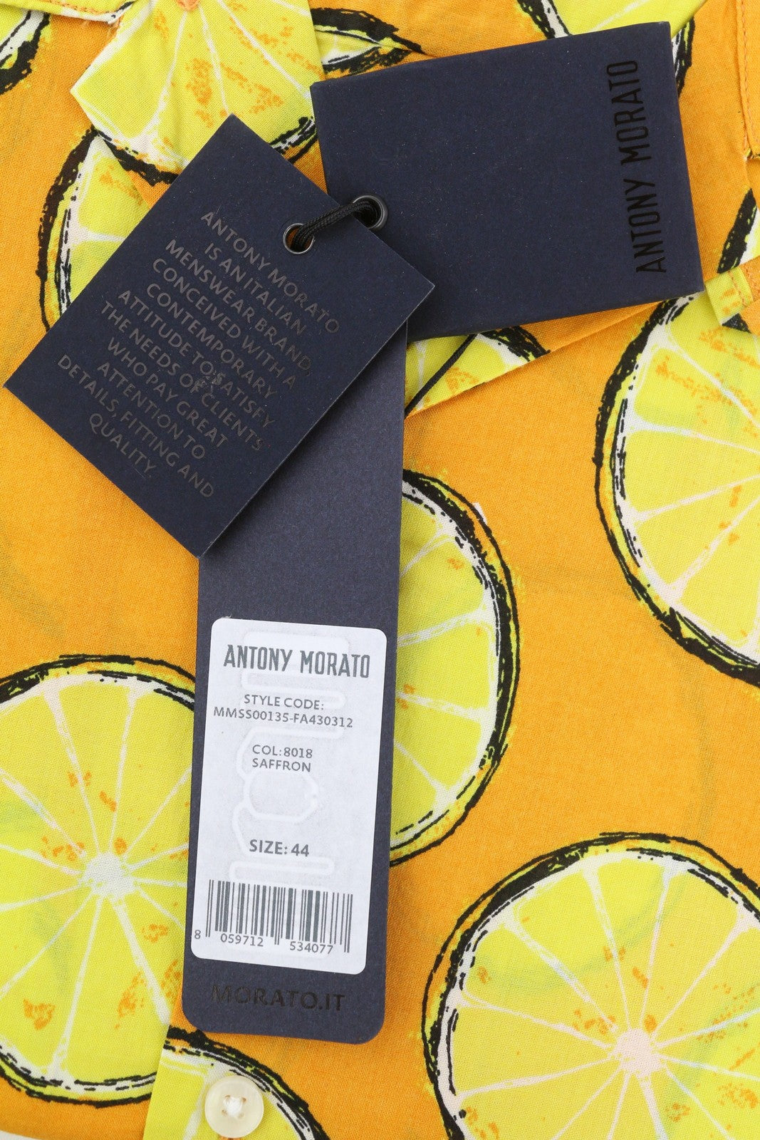 ANTONY MORATO Men Shirt XS Yellow Lemon Print Straight Button-Up Short Sleeve