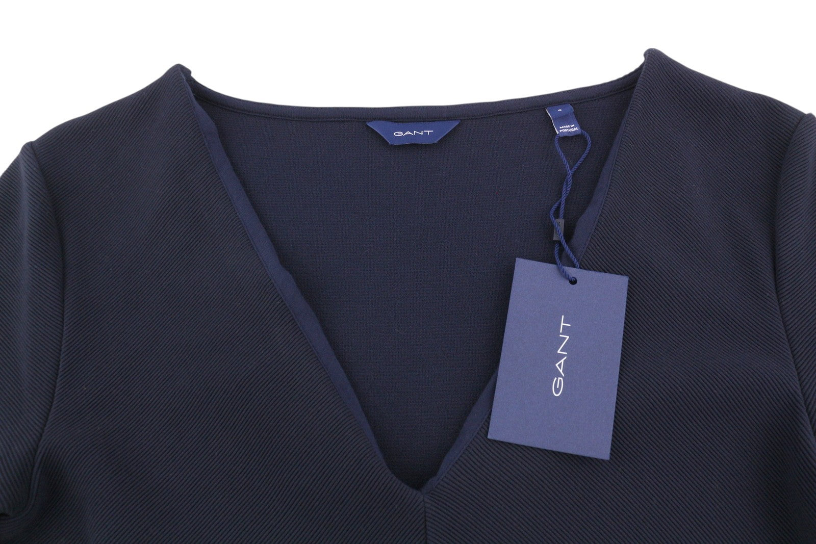 GANT Rib Structure moteriška suknelė S mėlyna trumpomis rankovėmis, tampri V formos iškirpte, iki kelių 