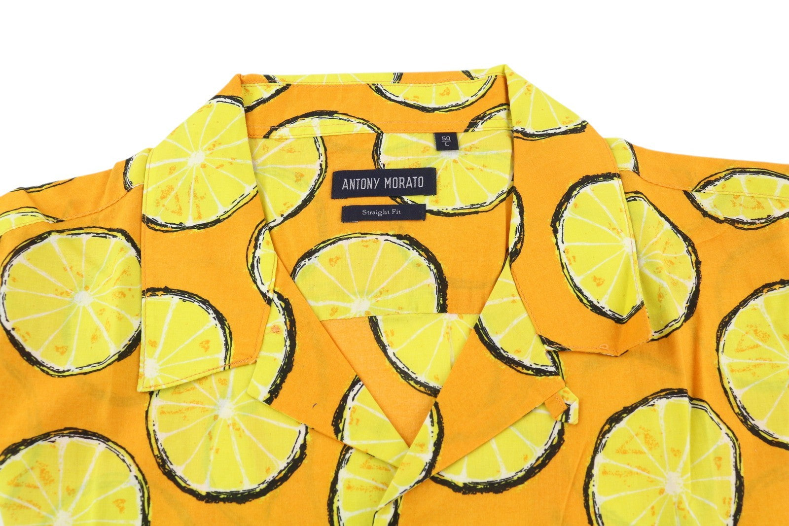 ANTONY MORATO Men Shirt L Yellow Lemon Print Straight Fit Button-Up Short Sleeve
