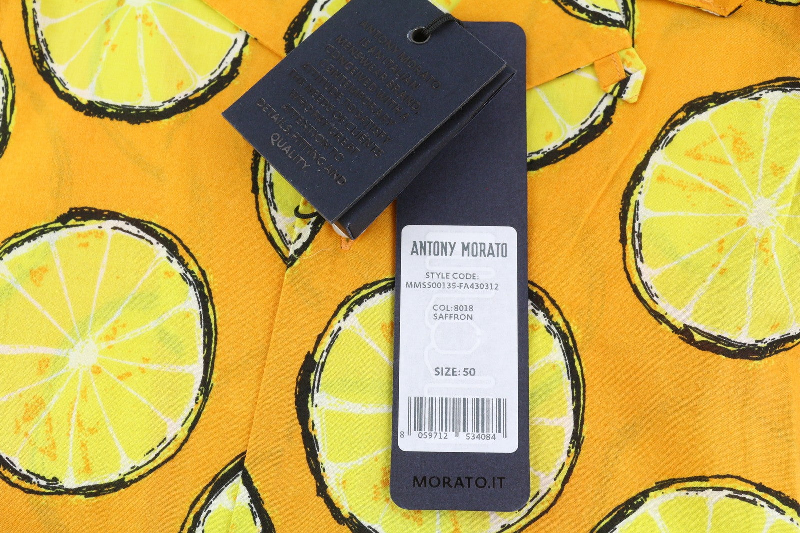 ANTONY MORATO Men Shirt L Yellow Lemon Print Straight Fit Button-Up Short Sleeve