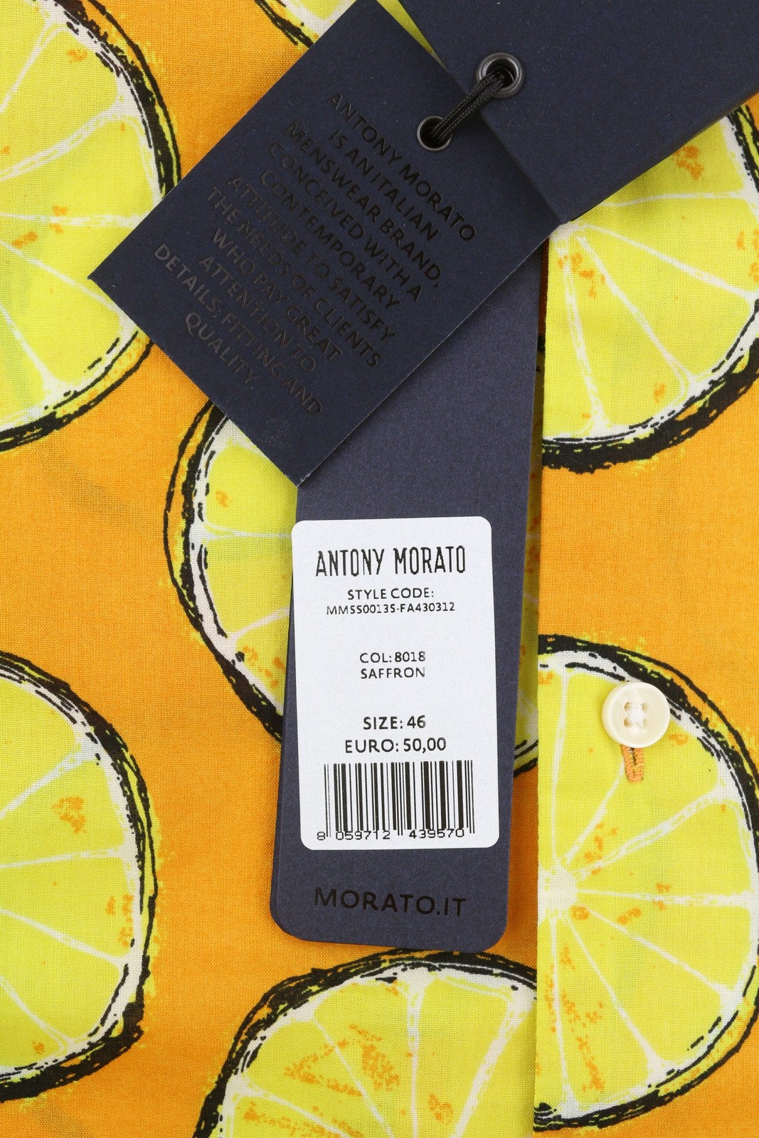 ANTONY MORATO Men Shirt S Yellow Lemon Print Straight Fit Button Up Short Sleeve