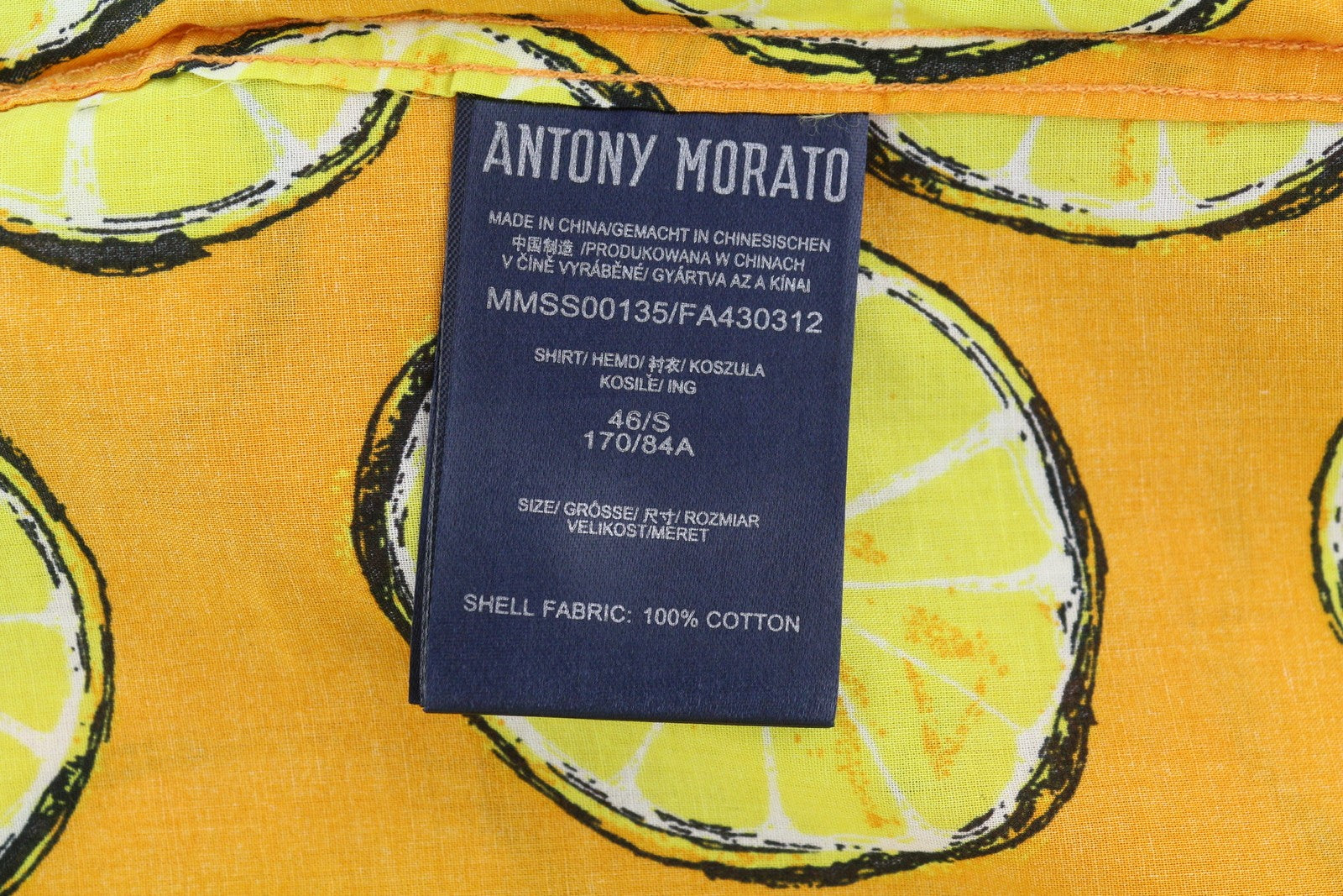 ANTONY MORATO Men Shirt S Yellow Lemon Print Straight Fit Button Up Short Sleeve