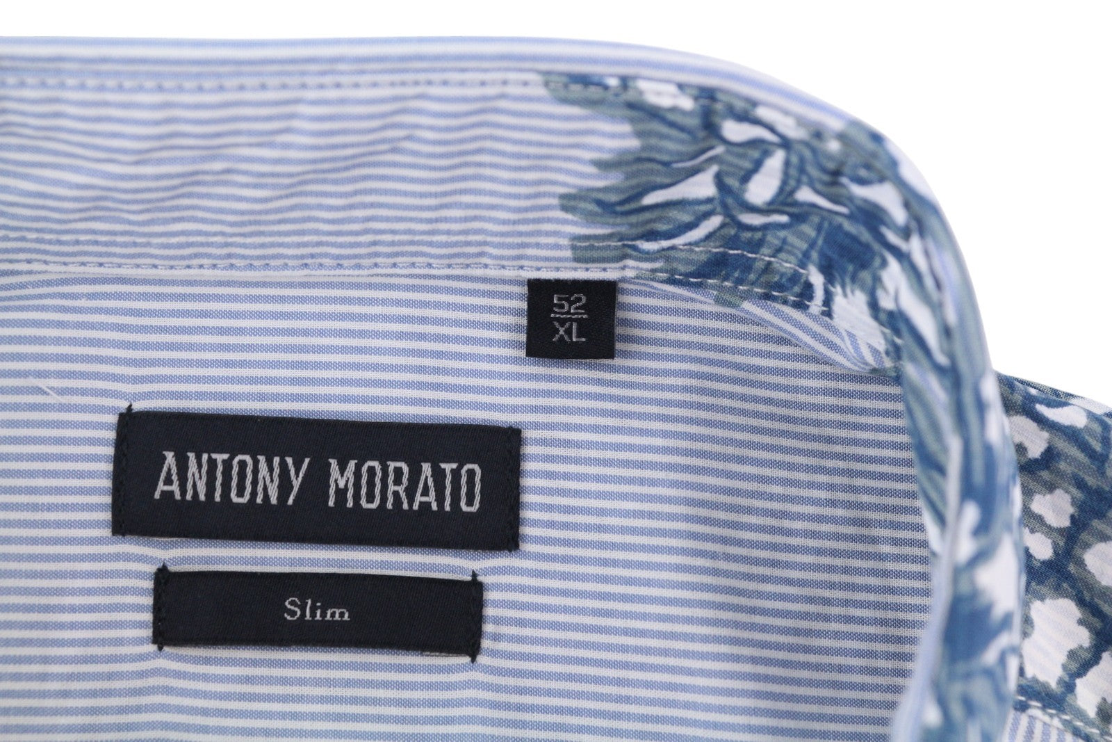 ANTONY MORATO Men Shirt XL Blue Slim Stripe Pineapple Print Roll-Up Button-Down