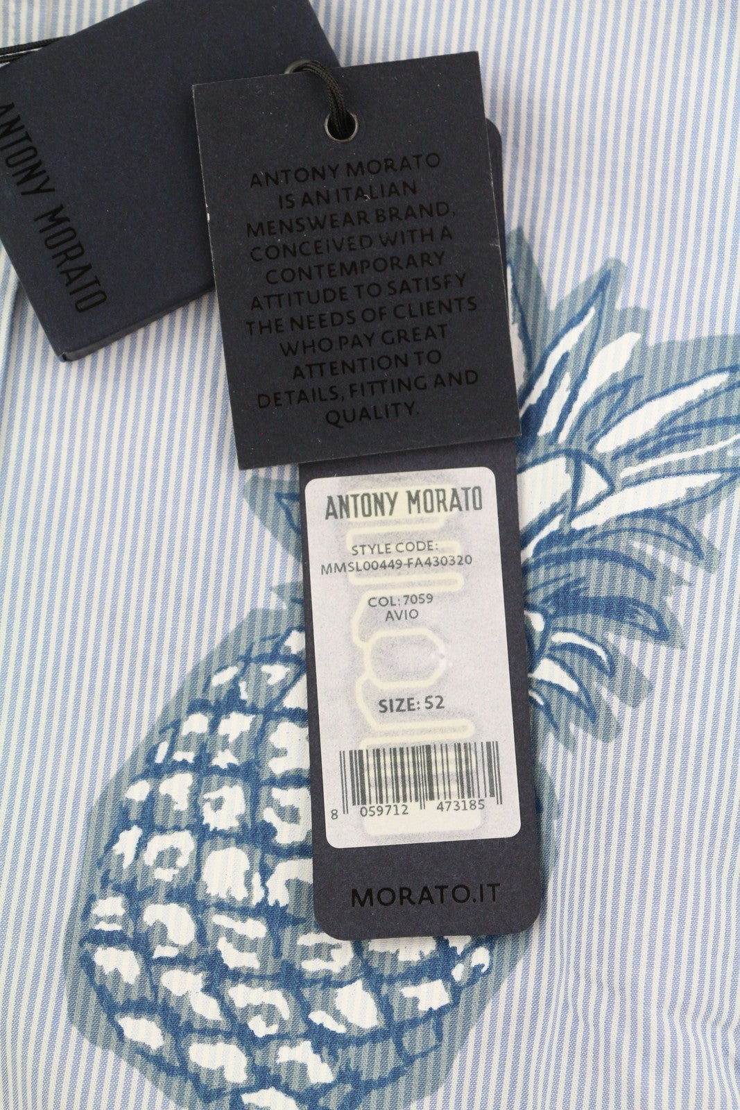 ANTONY MORATO Men Shirt XL Blue Slim Stripe Pineapple Print Roll-Up Button-Down