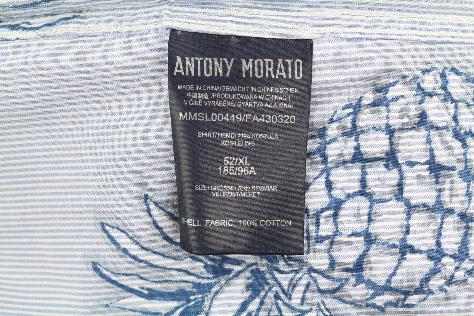 ANTONY MORATO Men Shirt XL Blue Slim Stripe Pineapple Print Roll-Up Button-Down
