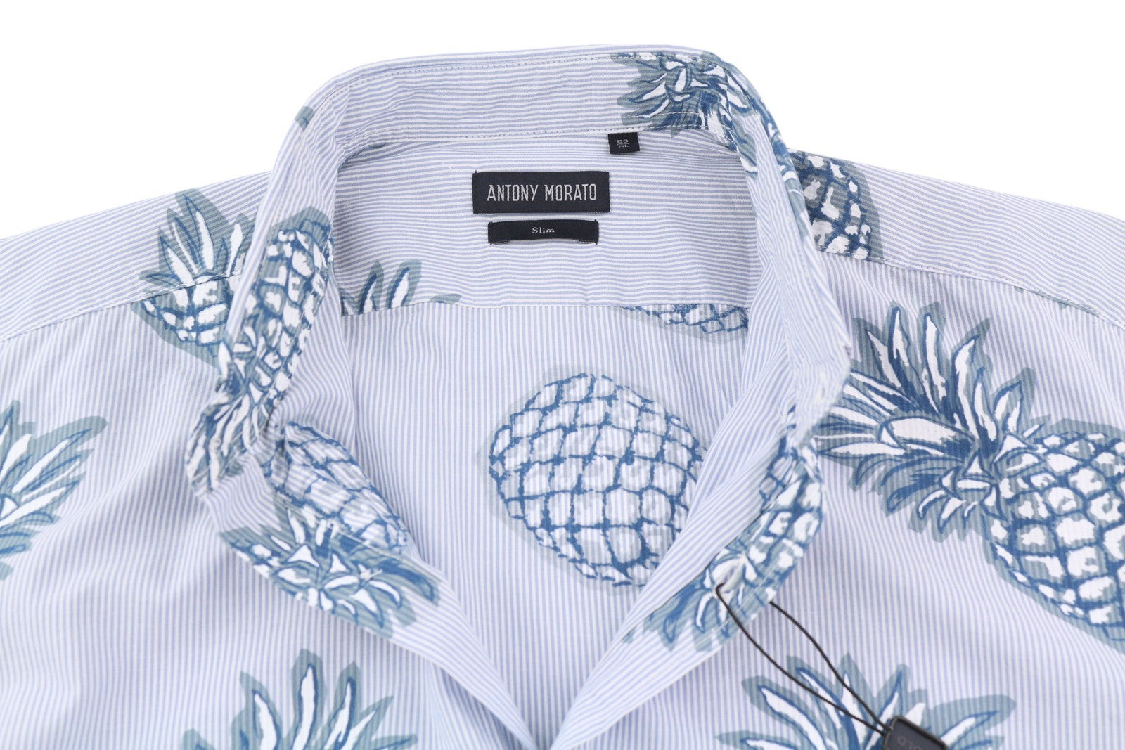 ANTONY MORATO Men Shirt XL Blue Slim Stripe Pineapple Print Roll-Up Button-Down
