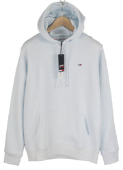 TOMMY HILFIGER Men Hoodie L Light Blue Kangaroo Pocket Hooded Logos Pullover