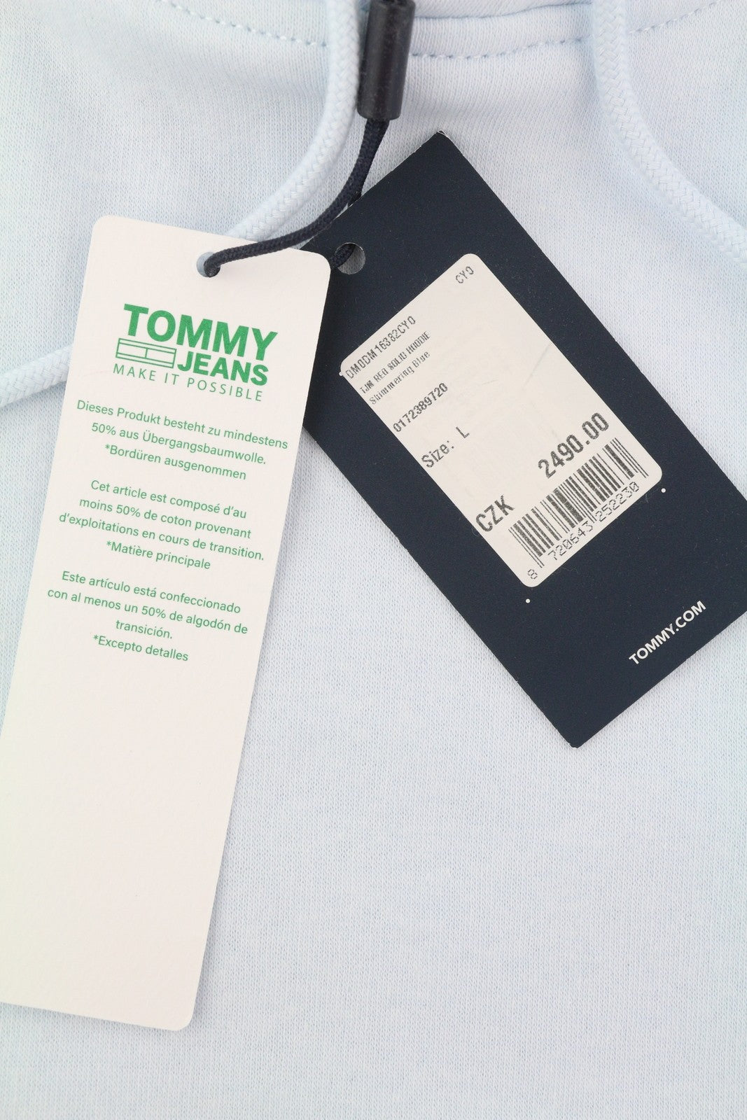 TOMMY HILFIGER Men Hoodie L Light Blue Kangaroo Pocket Hooded Logos Pullover