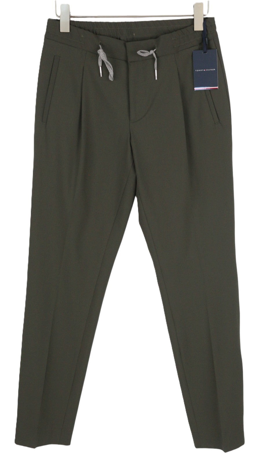 TOMMY HILFIGER THFlex Men Trousers W31 Khaki Plain Pleated Elastic Waist Slim