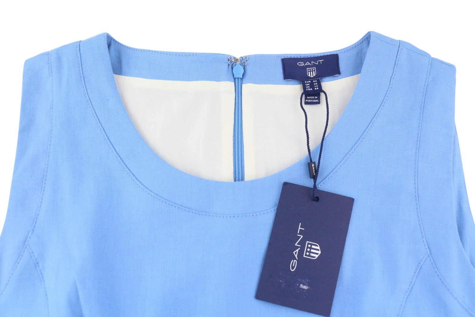 GANT Linen Women Dress EU42 Blue Sleeveless Lined Flared Crew Neck Knee-Length