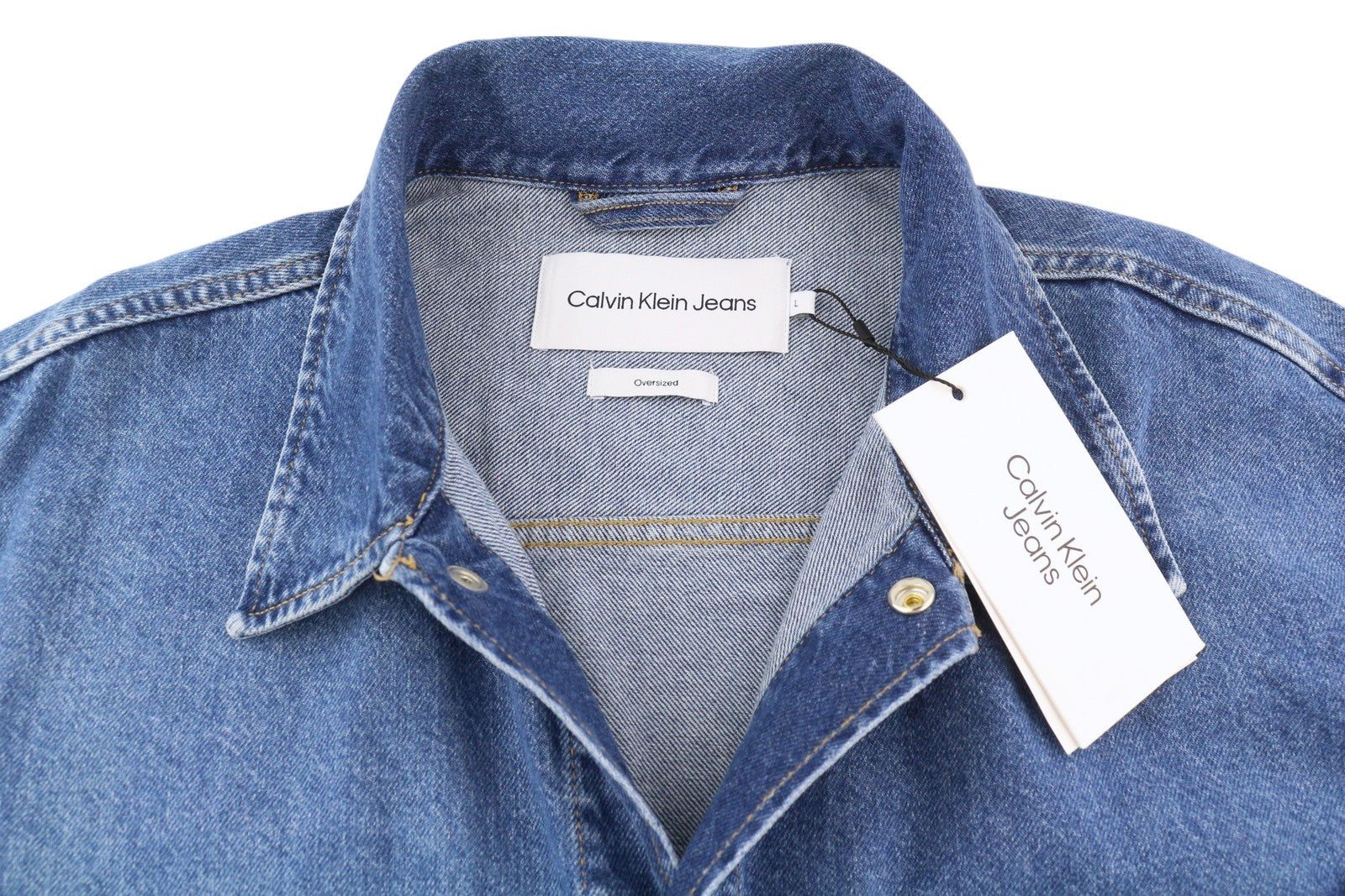 CALVIN KLEIN Men Jacket L Denim Blue Trucker Oversized Snap Buttons RRP€119