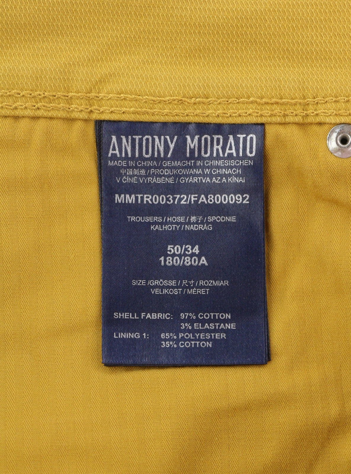 ANTONY MORATO Keith Men Trousers W34 Yellow Textured Skinny Fit Zip Fly Casual