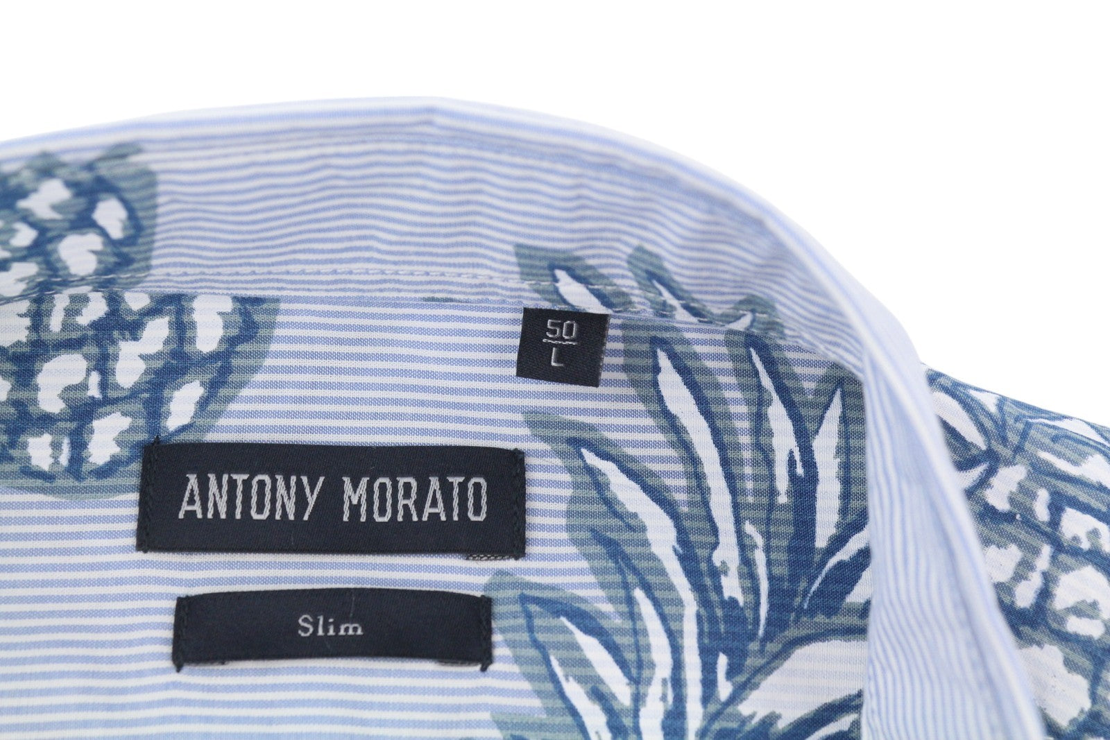 ANTONY MORATO Men Shirt L Blue Slim Stripe Pineapple Print Roll-Up Button-Down
