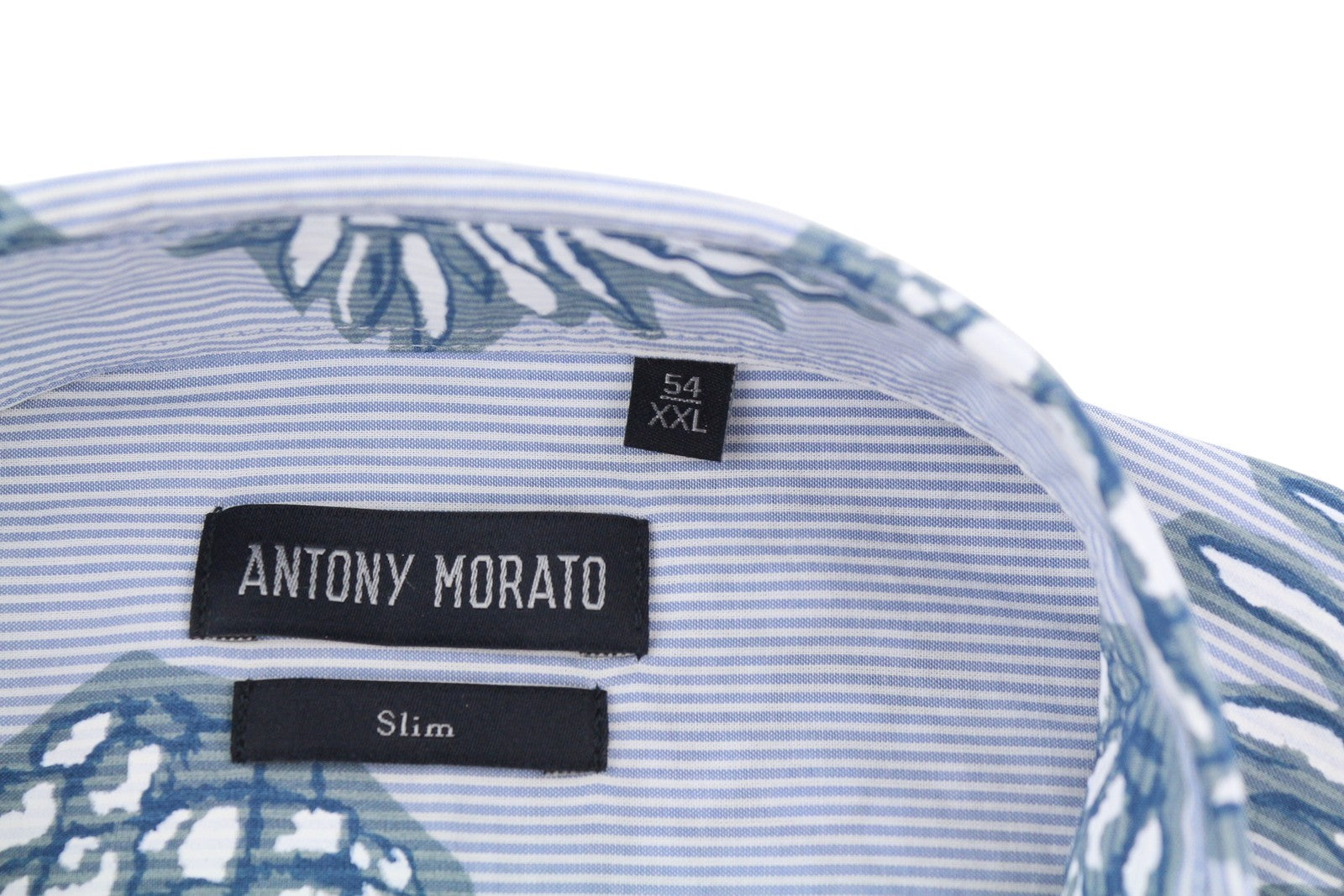 ANTONY MORATO Men Shirt 2XL Blue Slim Stripe Pineapple Print Roll-Up Button-Down