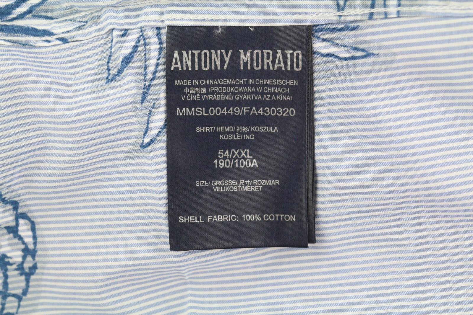 ANTONY MORATO Men Shirt 2XL Blue Slim Stripe Pineapple Print Roll-Up Button-Down
