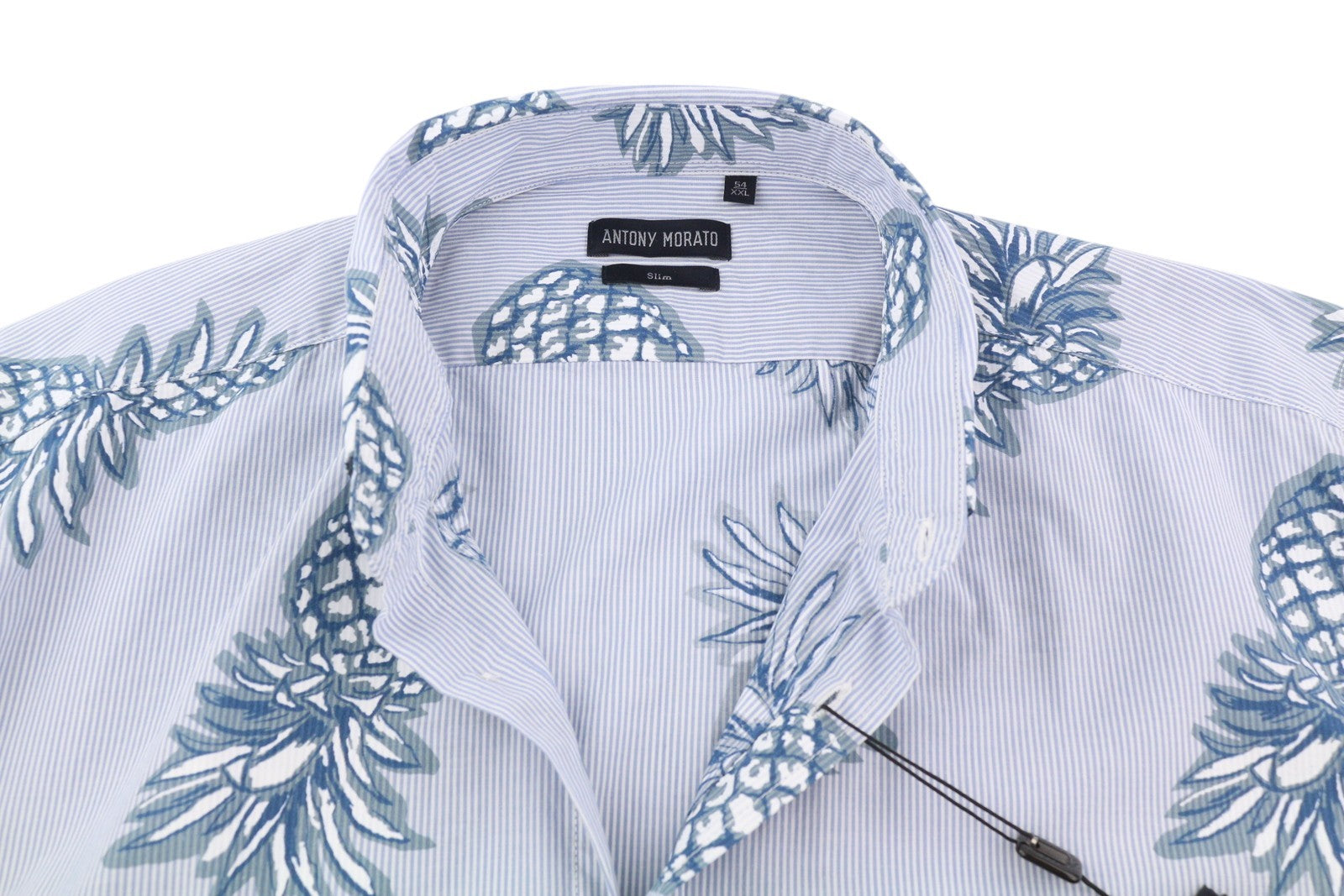 ANTONY MORATO Men Shirt 2XL Blue Slim Stripe Pineapple Print Roll-Up Button-Down