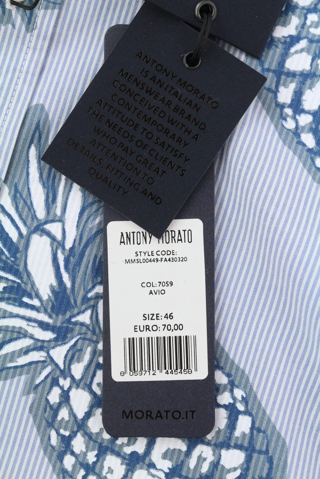 ANTONY MORATO Men Shirt S Blue Slim Stripe Pineapple Print Roll Up Button Down