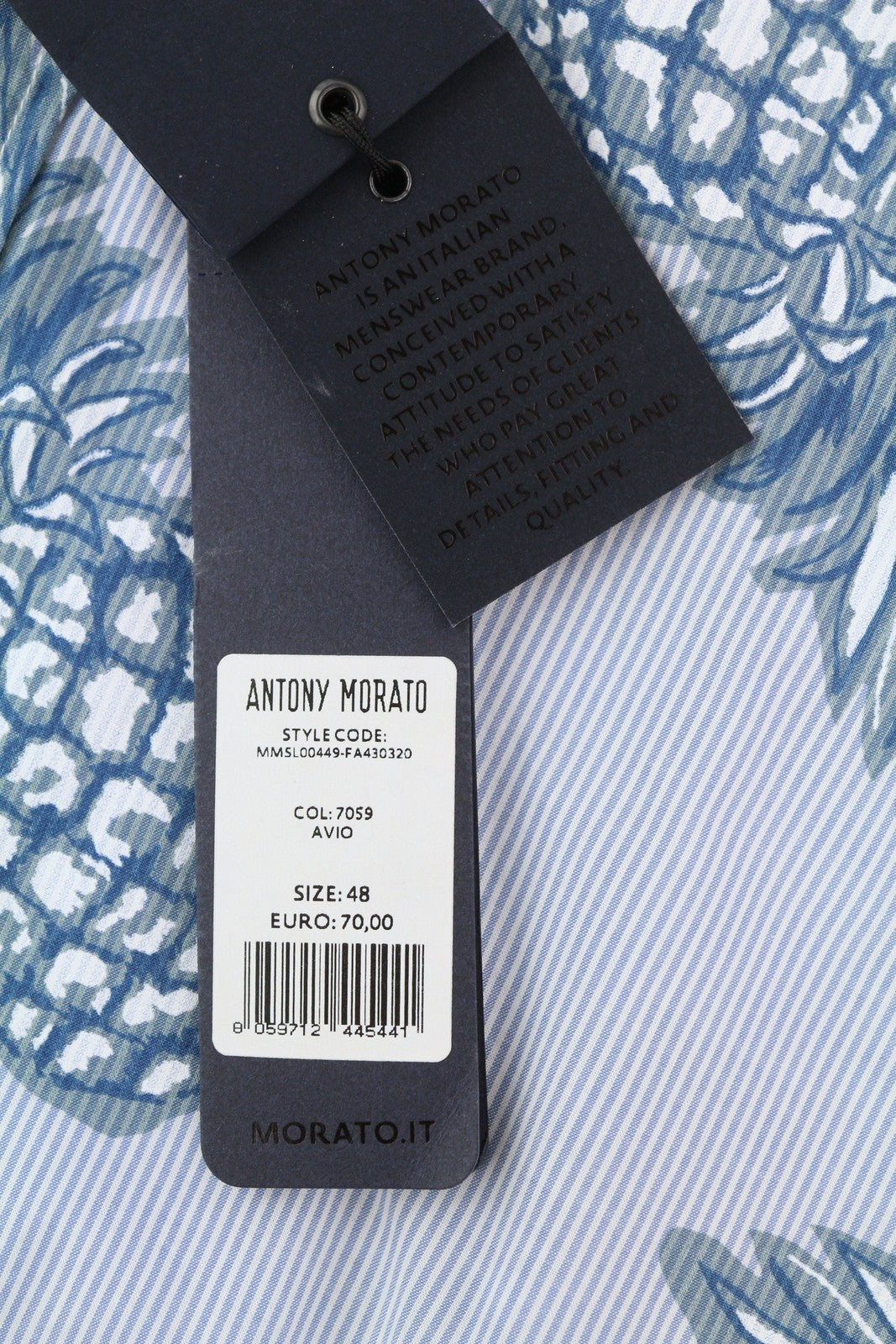 ANTONY MORATO Men Shirt M Blue Slim Stripe Pineapple Print Roll-Up Button-Down
