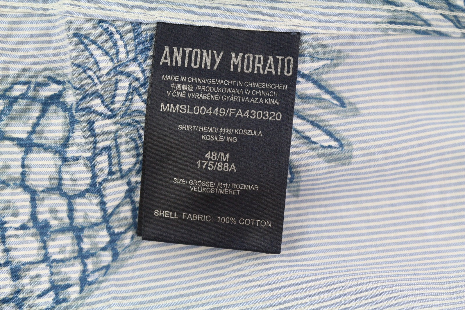 ANTONY MORATO Men Shirt M Blue Slim Stripe Pineapple Print Roll-Up Button-Down