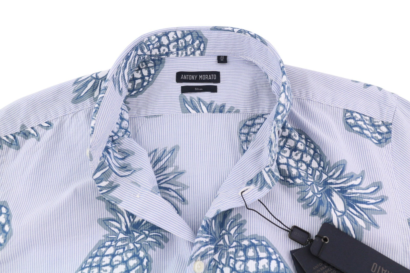 ANTONY MORATO Men Shirt M Blue Slim Stripe Pineapple Print Roll-Up Button-Down