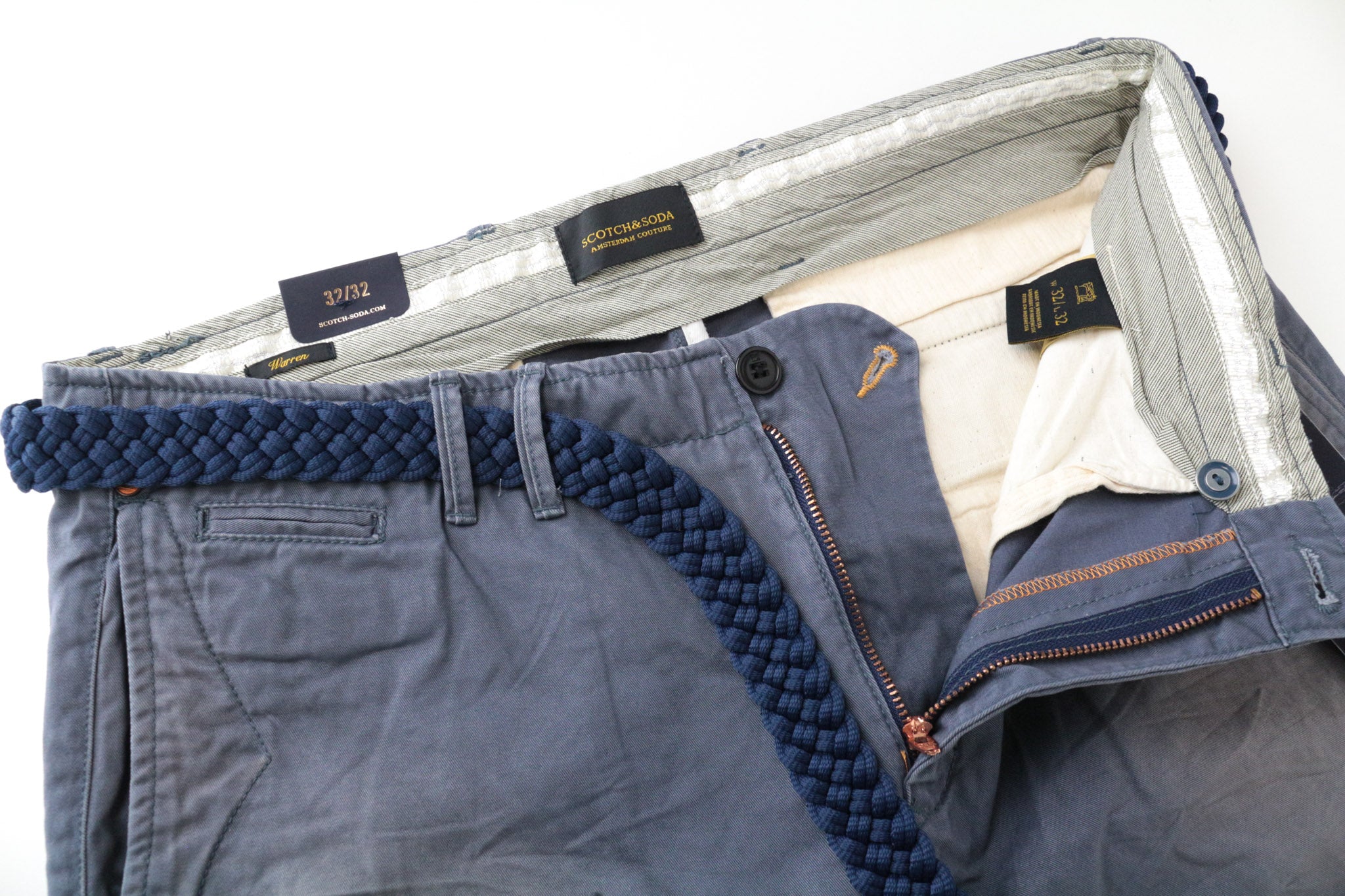 SCOTCH & SODA Warren Men's Trousers W32/L32 Slim Relaxed Belted Blue Cotton