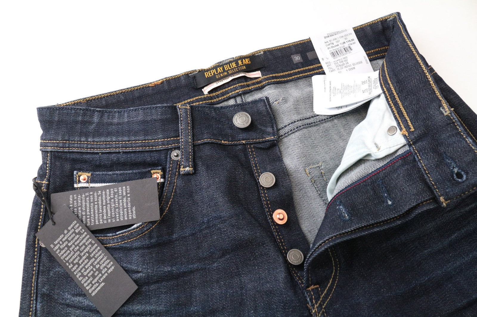 REPLAY Grover Men's Jeans W30/L34 Selvedge Straight Stretch Cotton Blue Wash