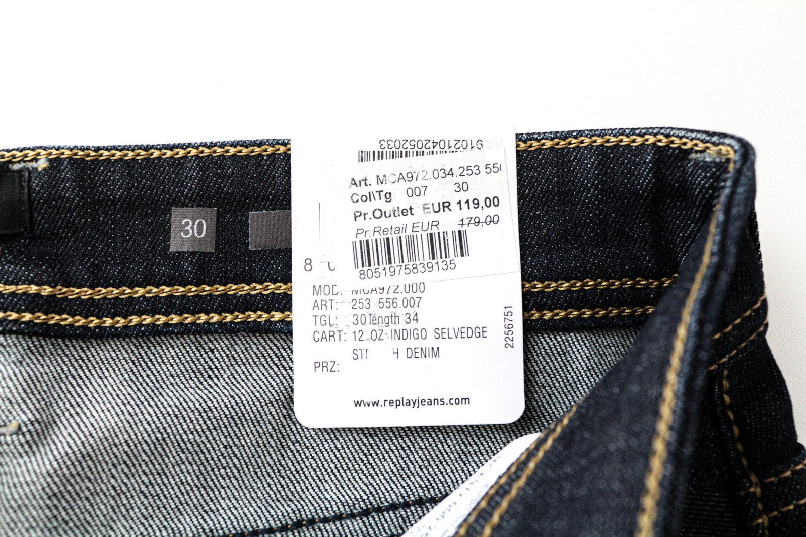 REPLAY Grover Men's Jeans W30/L34 Selvedge Straight Stretch Cotton Blue Wash