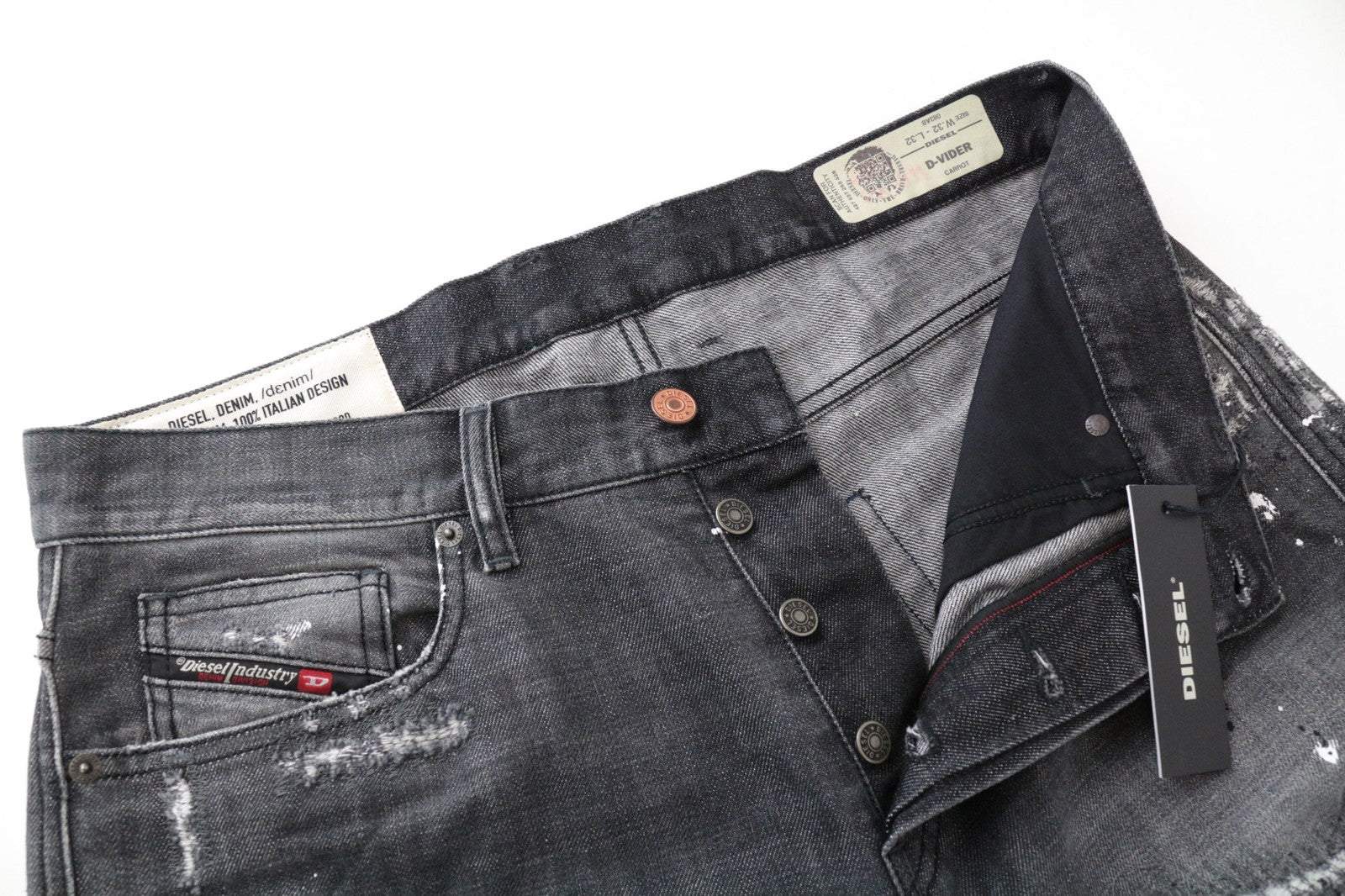 DIESEL D-Vider 083AB Men's Jeans UK32/L32 Carrot Fit Grey Cotton Ripped Paint