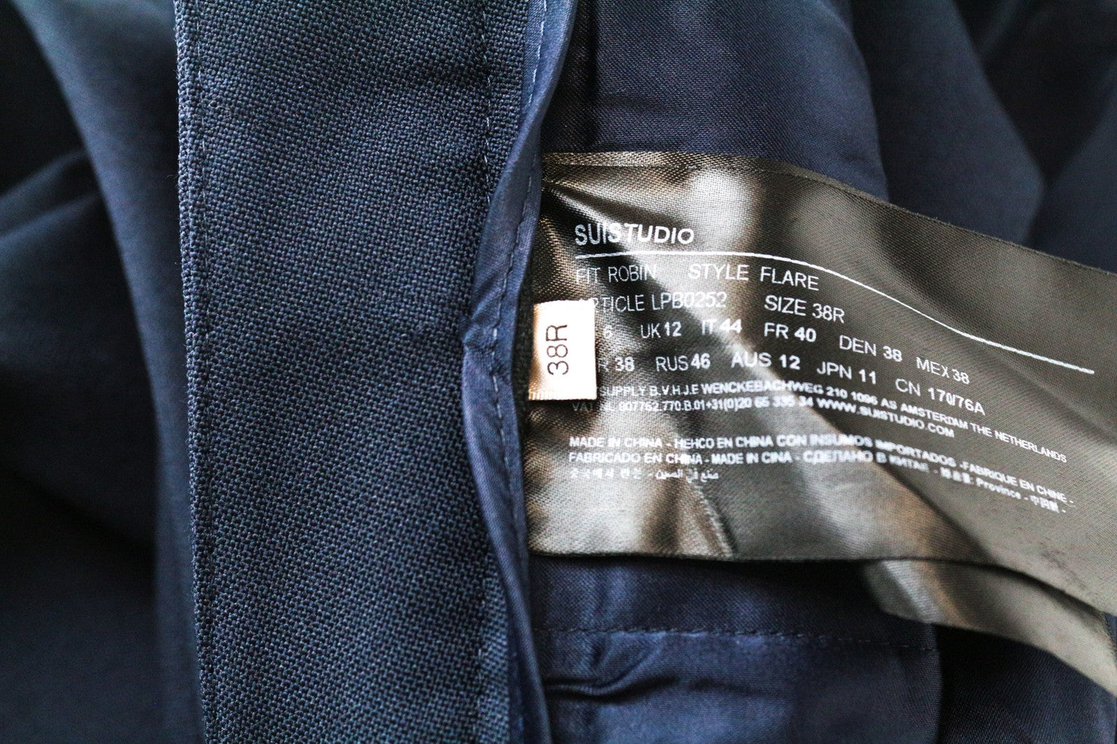 SUISTUDIO Robin Women's Trousers UK12R Navy Slim Mohair Flare Flat Front