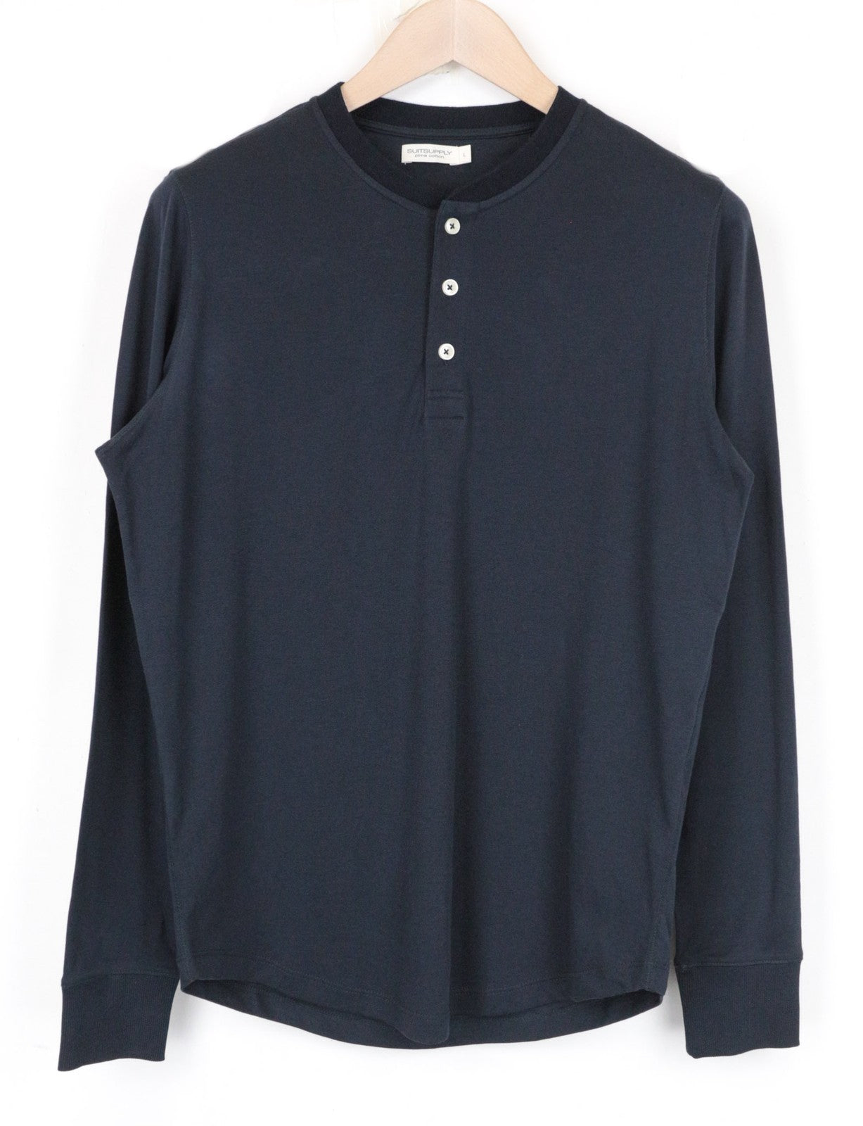 SUITSUPPLY Men's T-Shirt L Long Sleeve Henley Navy Pima Cotton Classic Wear