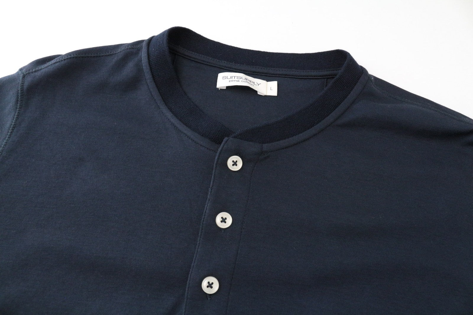 SUITSUPPLY Men's T-Shirt L Long Sleeve Henley Navy Pima Cotton Classic Wear