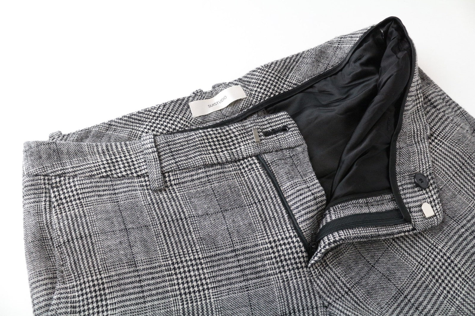 SUISTUDIO Women's Trousers UK10S Grey Glen Check Slim Wool Silk Linen Blend