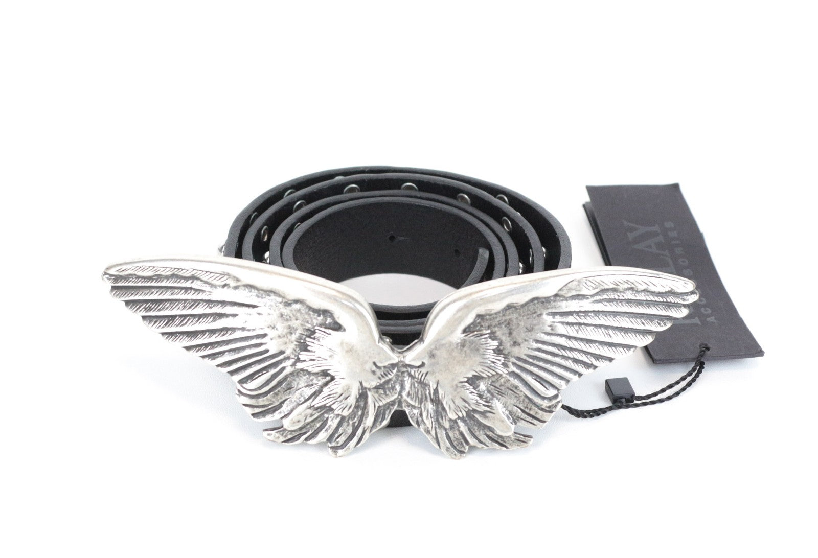 REPLAY Men's Belt 95 cm Black Leather Studded with Turquoise Wing Buckle