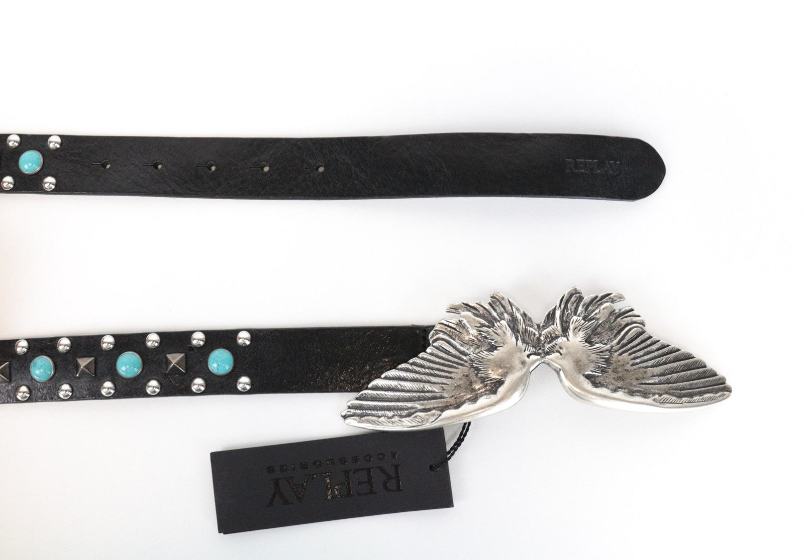 REPLAY Men's Belt 95 cm Black Leather Studded with Turquoise Wing Buckle