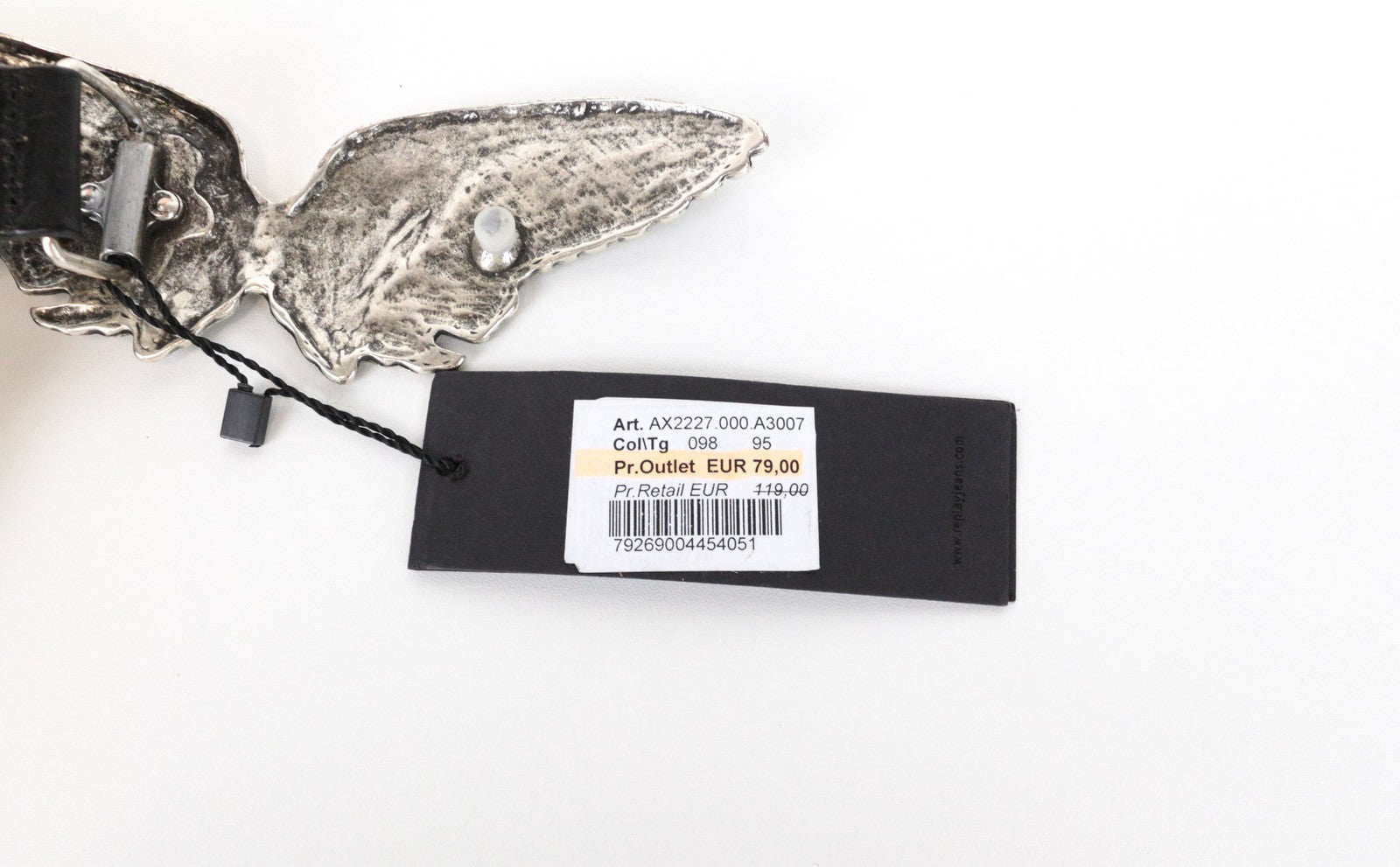 REPLAY Men's Belt 95 cm Black Leather Studded with Turquoise Wing Buckle