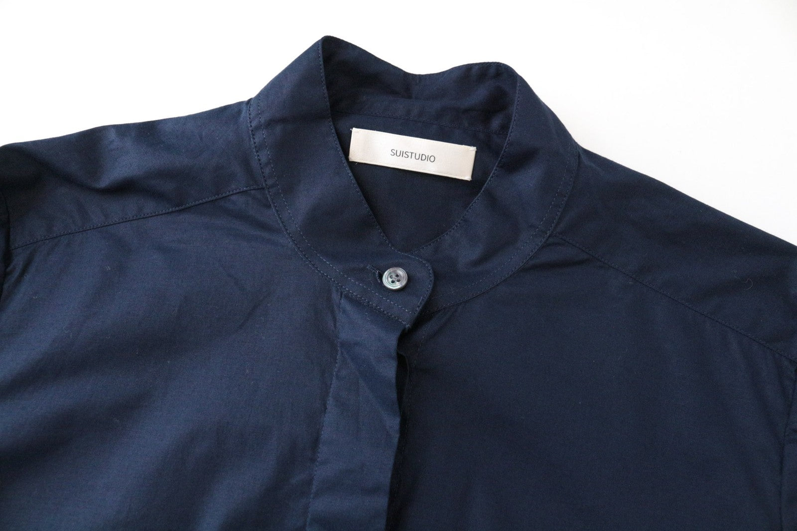 SUISTUDIO Women's Shirt 34R Navy Linen Blend Ruffled Sleeve Cotton Blouse