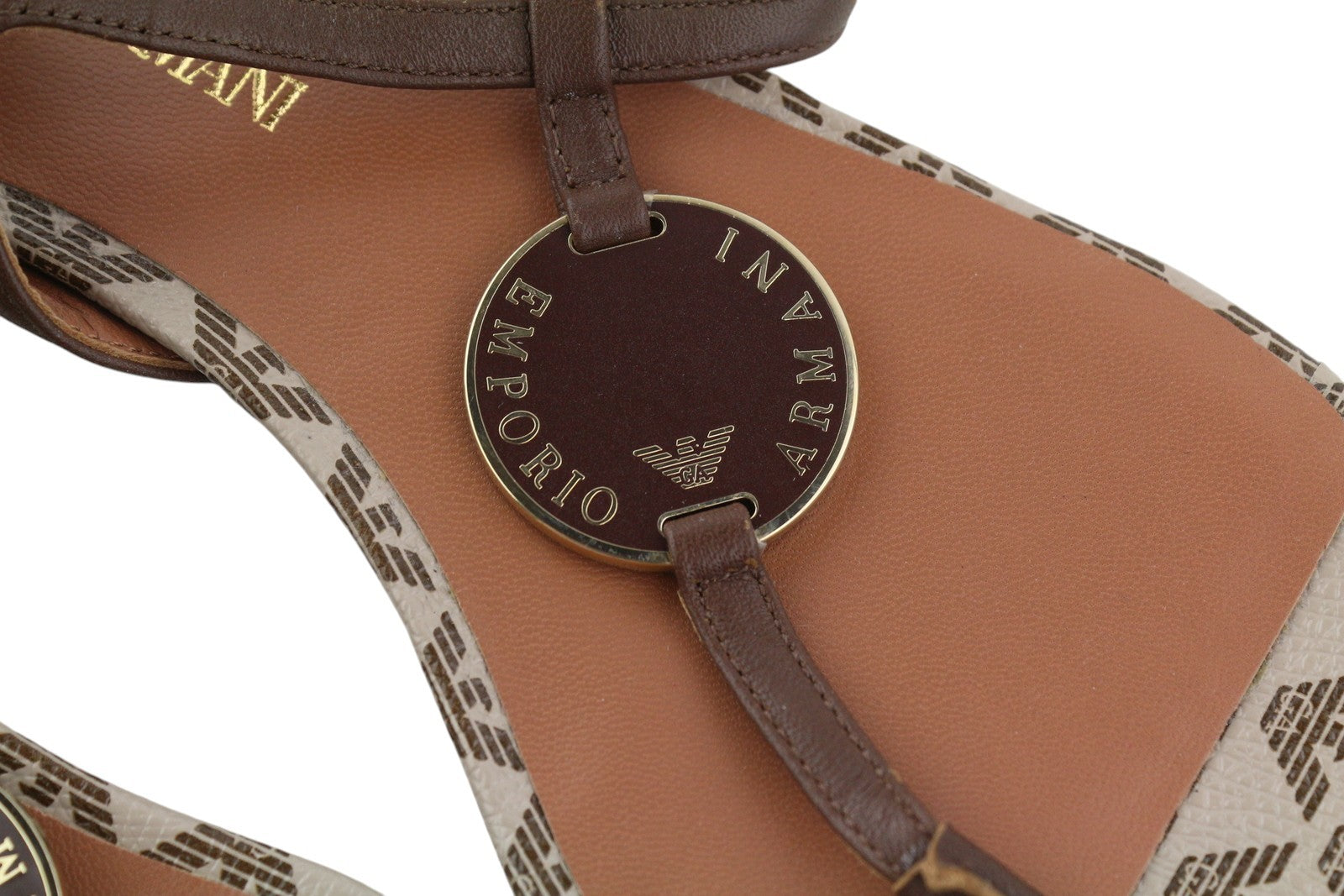 EMPORIO ARMANI X3Q065 Women Sandals EU37 Brown Leather Flats Logo Print RRP€212