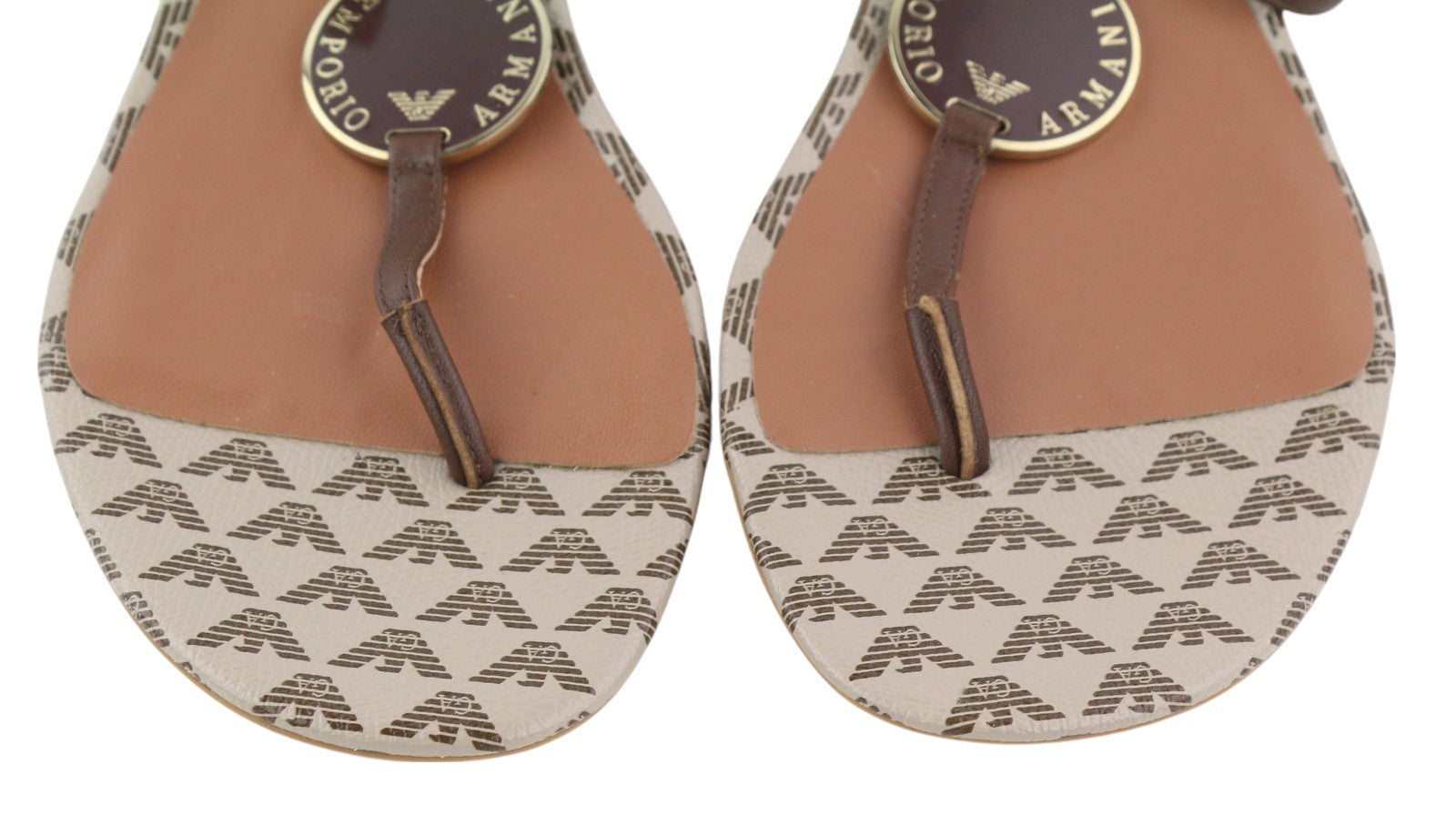 EMPORIO ARMANI X3Q065 Women Sandals EU37 Brown Leather Flats Logo Print RRP€212