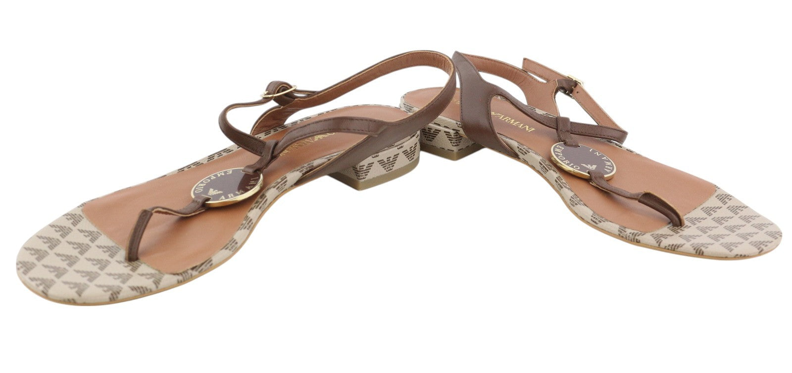 EMPORIO ARMANI X3Q065 Women Sandals EU37 Brown Leather Flats Logo Print RRP€212