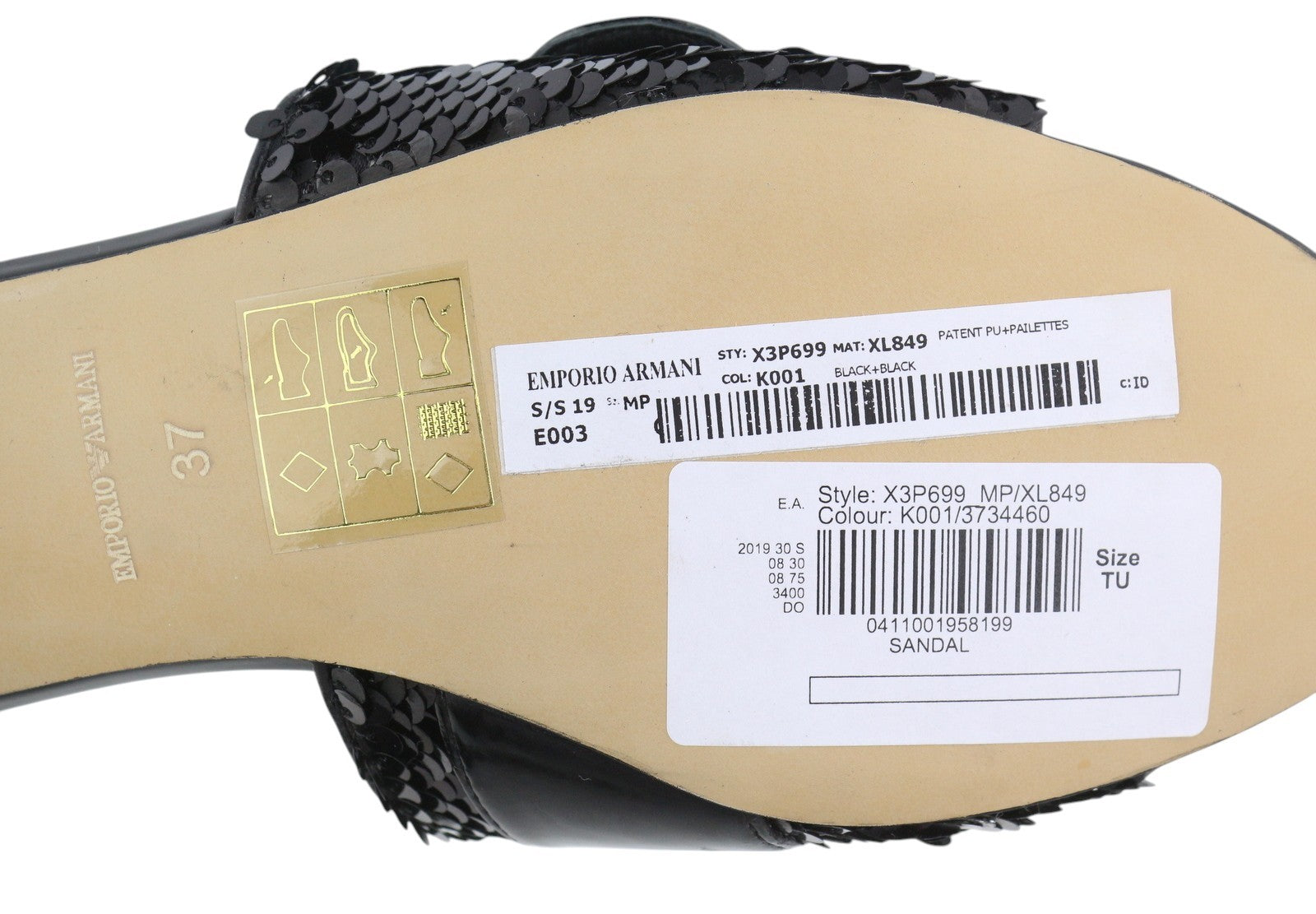 EMPORIO ARMANI X3P699 Women Flats EU37 Black Shiny Sequin Slip Open Toe RRP€262