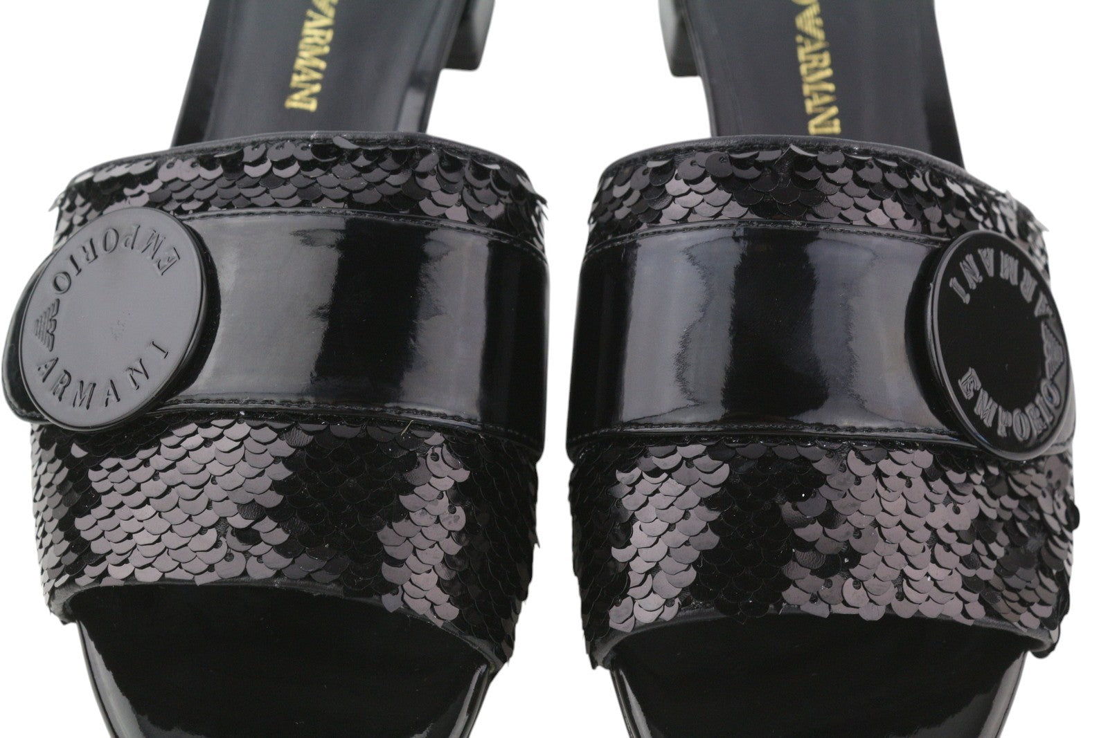 EMPORIO ARMANI X3P699 Women Flats EU37 Black Shiny Sequin Slip Open Toe RRP€262