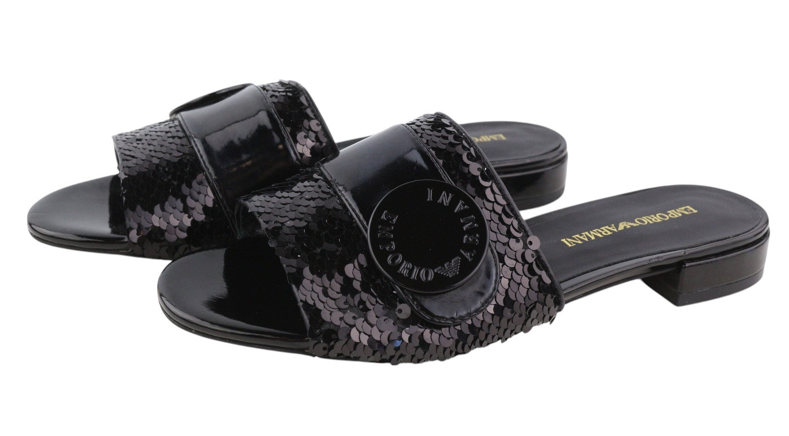 EMPORIO ARMANI X3P699 Women Flats EU37 Black Shiny Sequin Slip Open Toe RRP€262