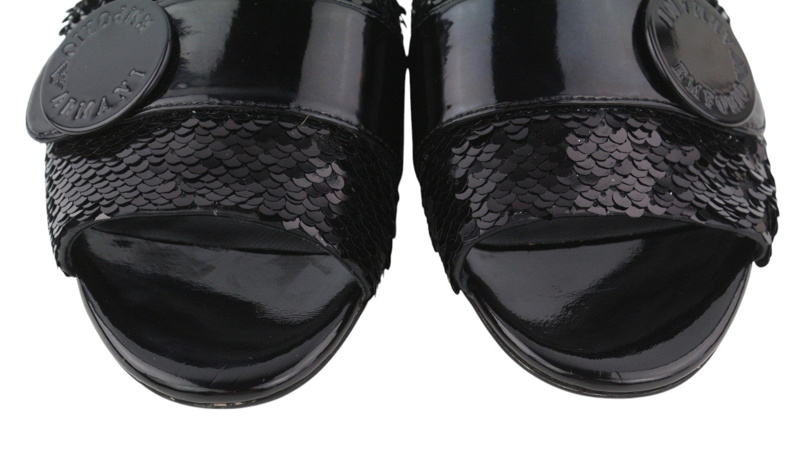 EMPORIO ARMANI X3P699 Women Flats EU37 Black Shiny Sequin Slip Open Toe RRP€262