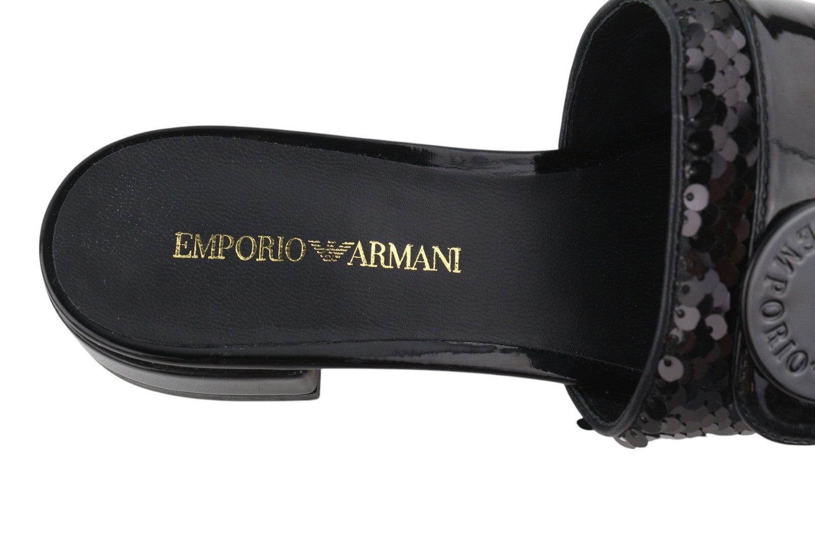 EMPORIO ARMANI X3P699 Women Flats EU37 Black Shiny Sequin Slip Open Toe RRP€262