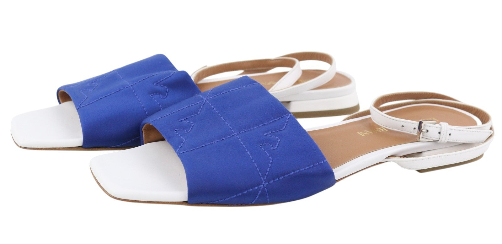 EMPORIO ARMANI Women Sandals EU37 Leather Flats Square Toe Quilted Buckle Light