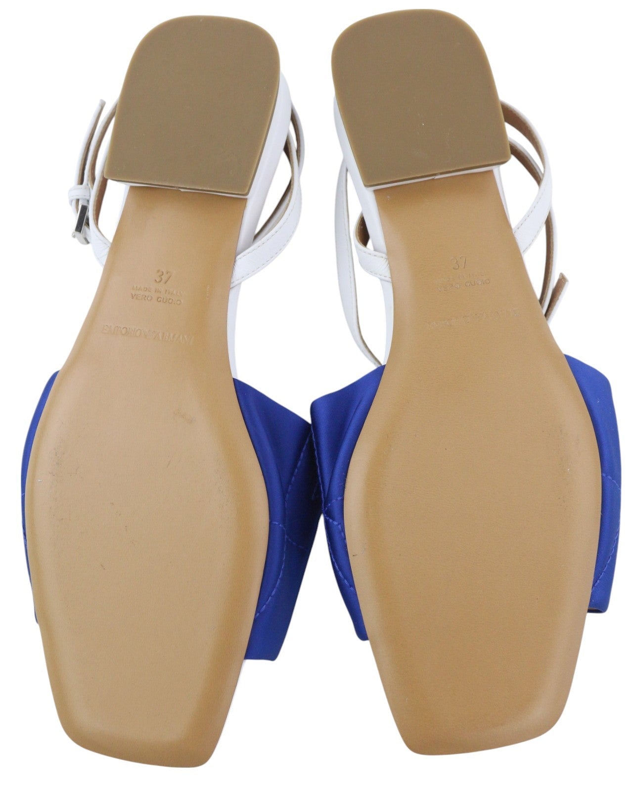 EMPORIO ARMANI Women Sandals EU37 Leather Flats Square Toe Quilted Buckle Light