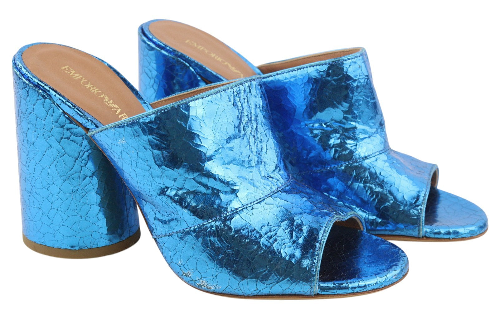 EMPORIO ARMANI X3P713 Women Sandals EU37 Blue Shiny Leather Mule Slip On RRP€299