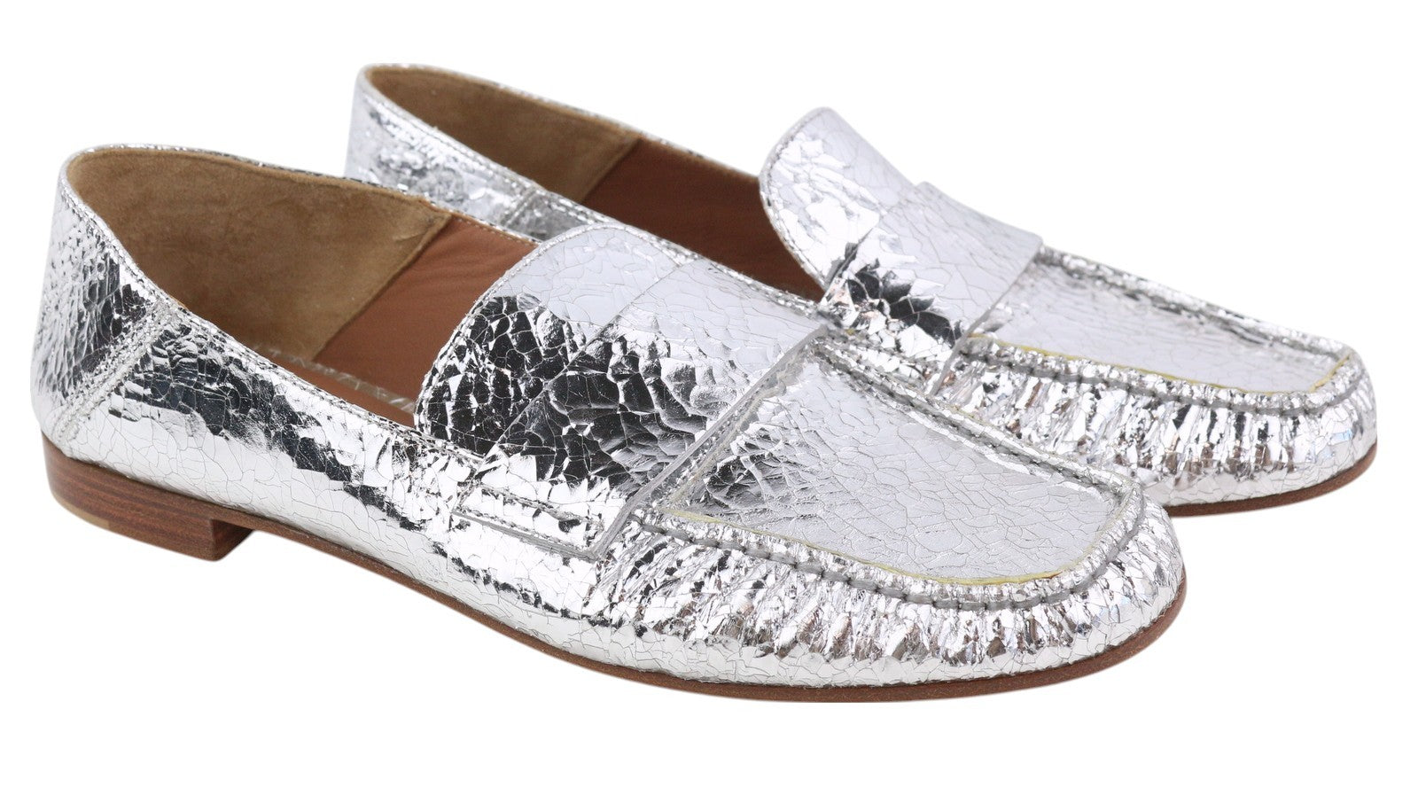 EMPORIO ARMANI Women Flats EU37 Shiny Silver Leather Textured Square Toe Loafer