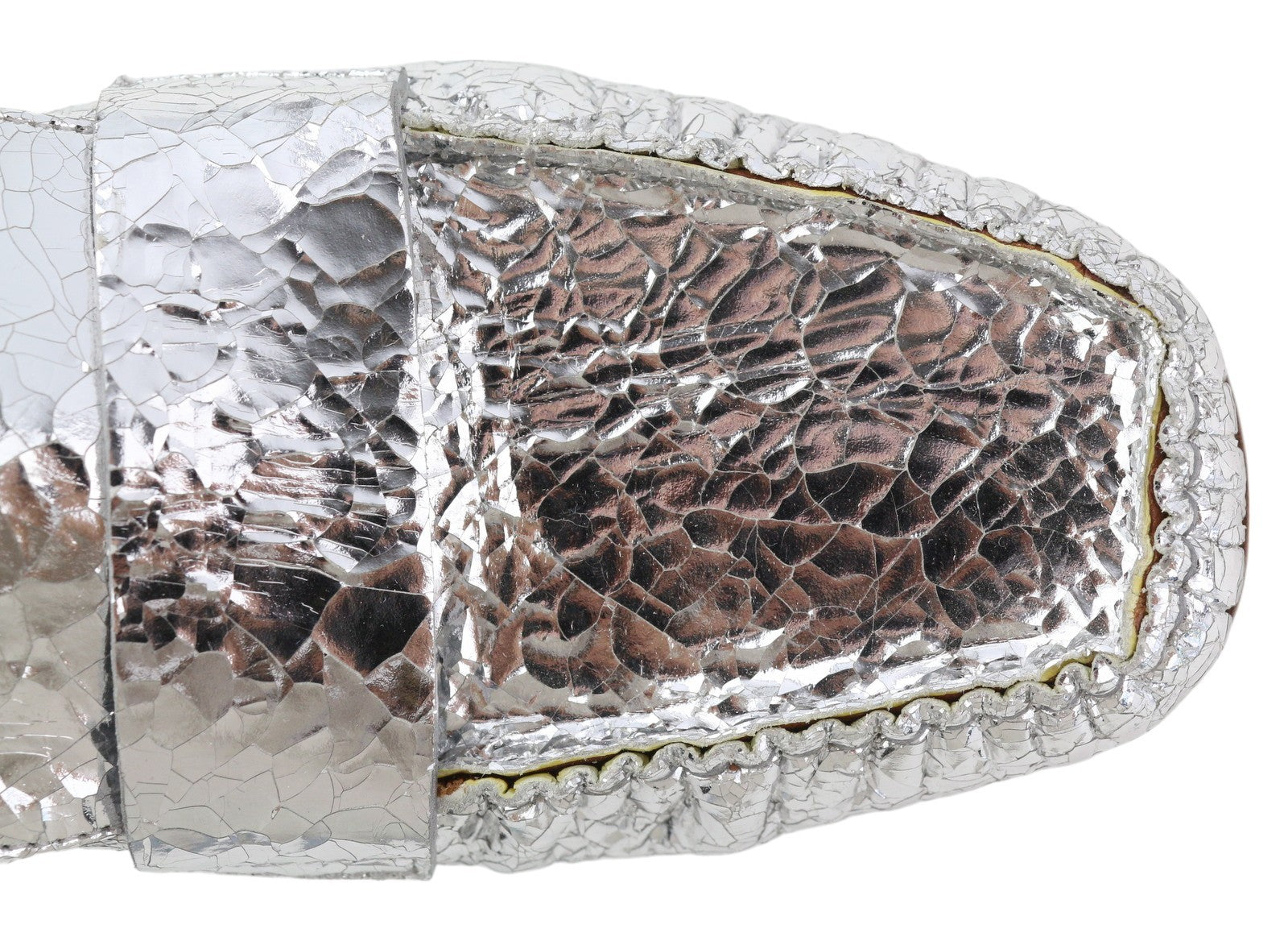 EMPORIO ARMANI Women Flats EU37 Shiny Silver Leather Textured Square Toe Loafer