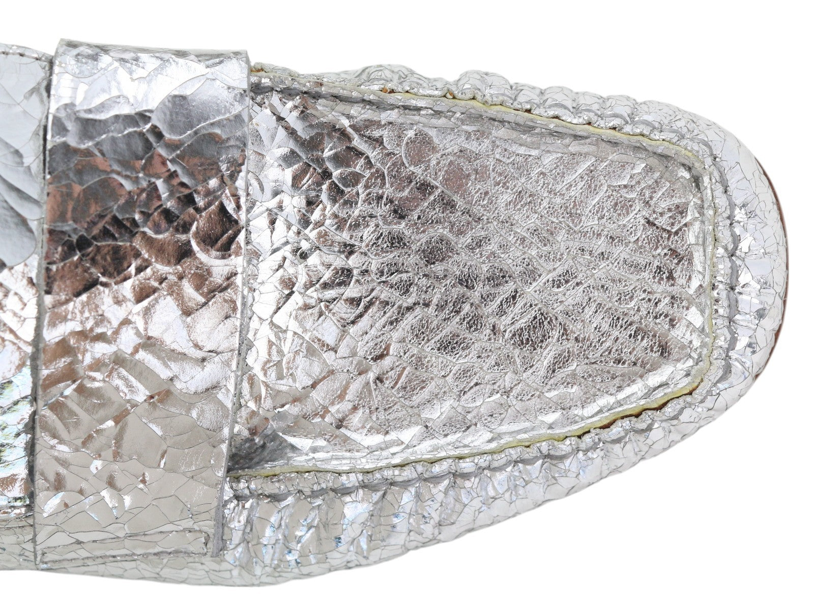 EMPORIO ARMANI Women Flats EU37 Shiny Silver Leather Textured Square Toe Loafer